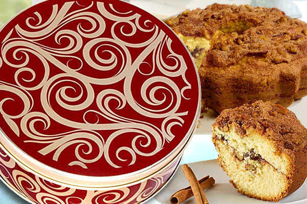 Rocky Mountain Old Fashioned Cinnamon Streusel Coffee Cake in a Golden Swirl Gift Tin