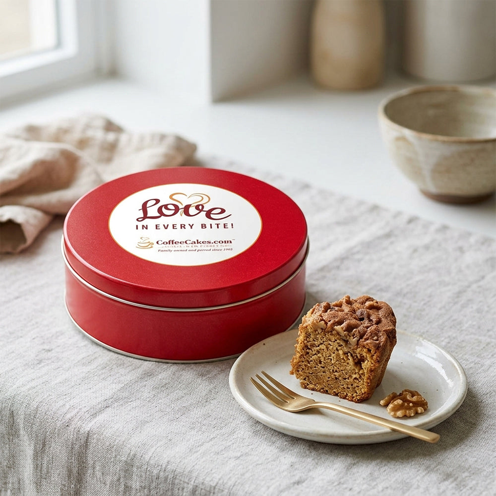 Cinnamon Walnut Coffee Cake In Red Gift Tin – CoffeeCakes.com