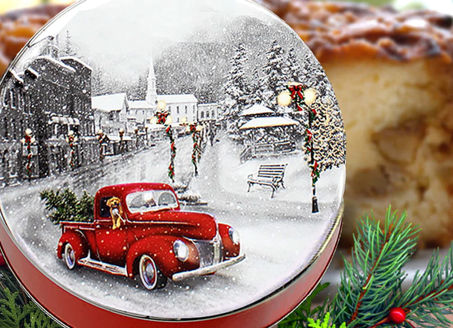 My Grandma's Cinnamon Walnut Coffee Cake in a Festive Holiday Gift Tin