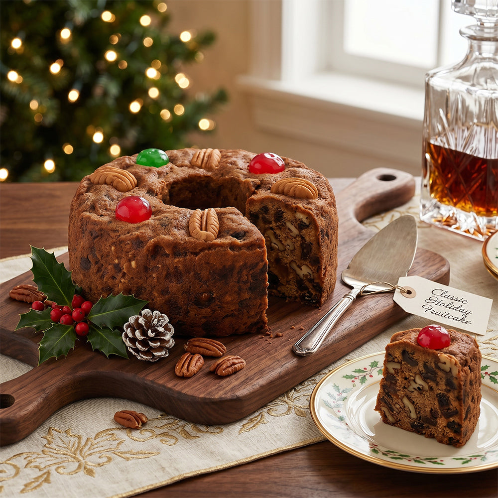 Assumption Abbey Fruitcake on a wooden board with holly and a glass of brandy in the background.