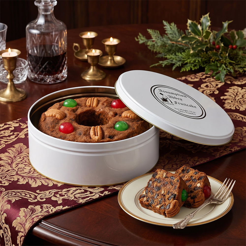 Assumption Abbey Fruitcake in gift tin with decorative elements on a festive table.