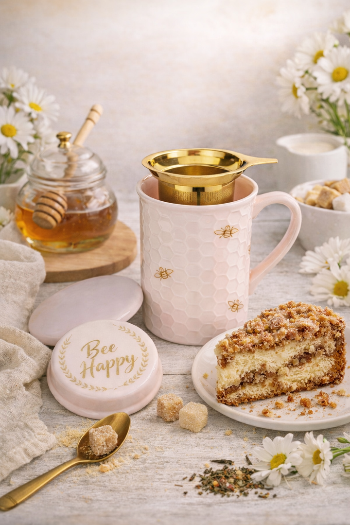 Honeybee 3D Ceramic Mug with Infuser Honeycomb Bee Happy