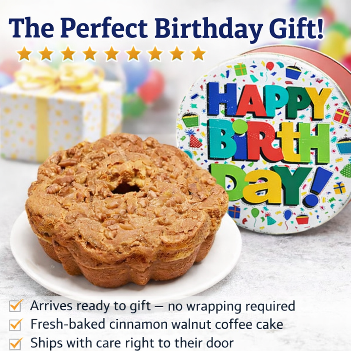 Traditional Cinnamon Walnut Coffee Cake in Happy Birthday Celebration Tin