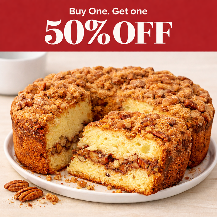 Buy One Traditional Cinnamon Walnut Coffee Cake. Get Second Cake 50% Off (2 Cakes shipped to SAME address)