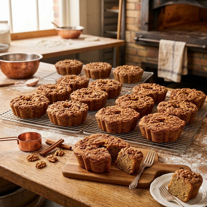 A rustic kitchen scene showing 16 Traditional Cinnamon Walnut Coffee Cake on a wooden table, with a slice on a cutting board and a piece on a small plate in the foreground.
