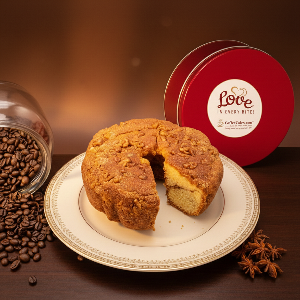 Large Traditional Cinnamon Walnut Coffee Cake in a Signature Red Tin