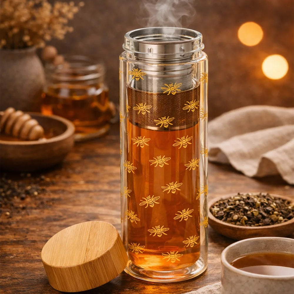 Honeybee Tea Time Travel Mug – Insulated Glass with Tea Infuser