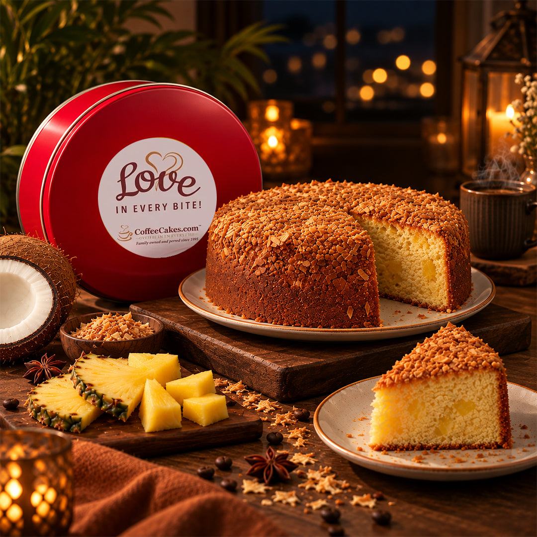 Large Traditional Pineapple Coconut Coffee Cake in a Signature Red Tin