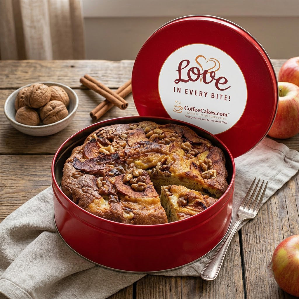 Apple Walnut Coffee Cake in a Signature Red Tin with apple and nuts, shown open on a rustic wooden table with the lid leaning behind it. The lid has a white label reading 'Love in Every Bite! CoffeeCakes.com