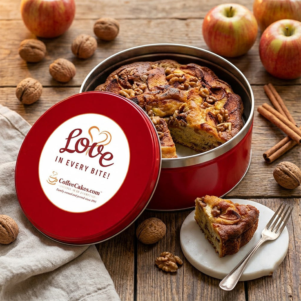 Apple Walnut Coffee Cake in a Signature Red Tin with the lid placed beside it on a rustic wooden table. The lid has a white label that reads 'Love in Every Bite!' and 'CoffeeCakes.com'