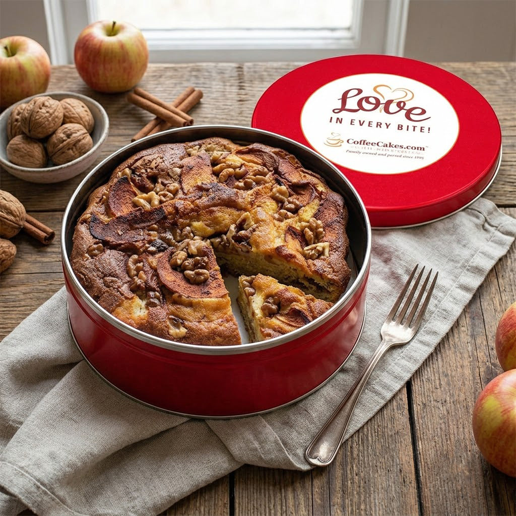 Apple Walnut Coffee Cake in a Signature Red Tin with a slice cut out, shown on a rustic wooden table with apples, walnuts, cinnamon sticks, a fork, and the matching red lid. The lid features a white label that reads &