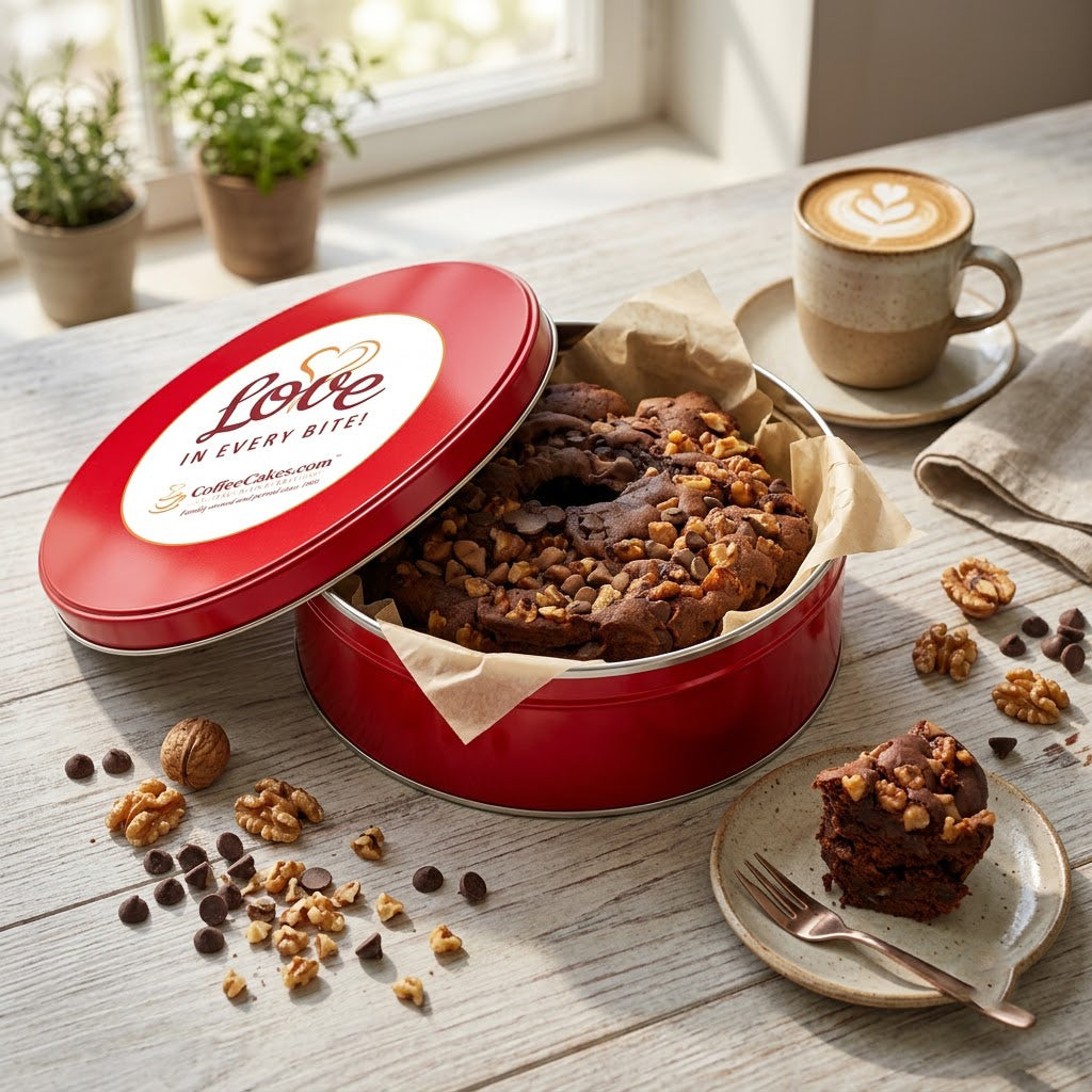 Large Traditional Chocolate Chip Walnut Coffee Cake in a Signature Red Tin