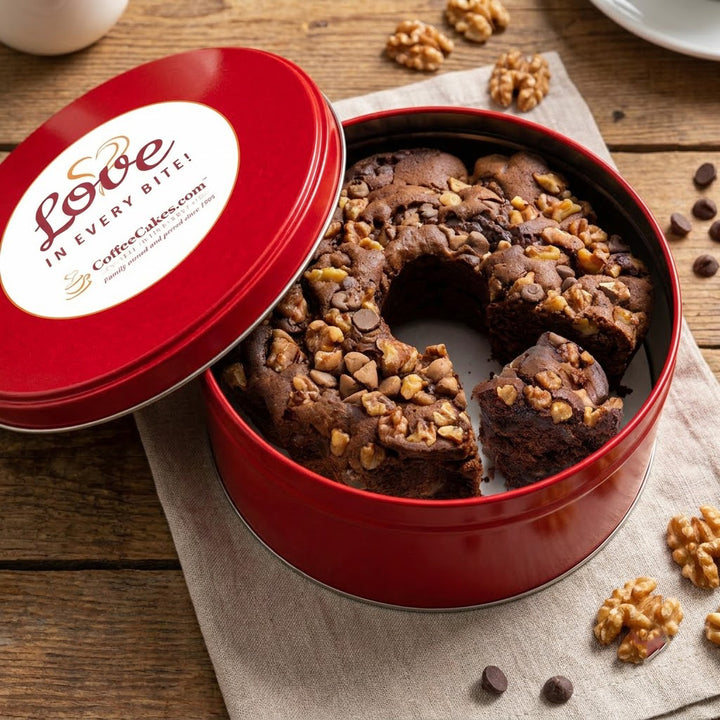 Large Traditional Chocolate Walnut Coffee Cake in a Signature Red Tin