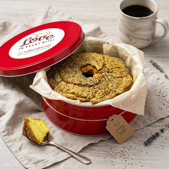 Large Traditional Lemon Poppy Seed Coffee Cake in a Signature Red Tin
