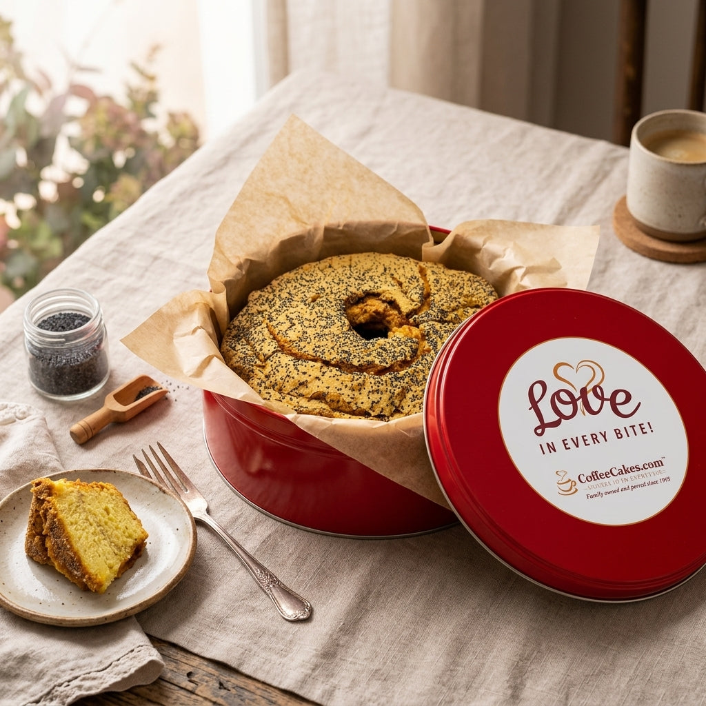 Large Traditional Lemon Poppy Seed Coffee Cake in a Signature Red Tin