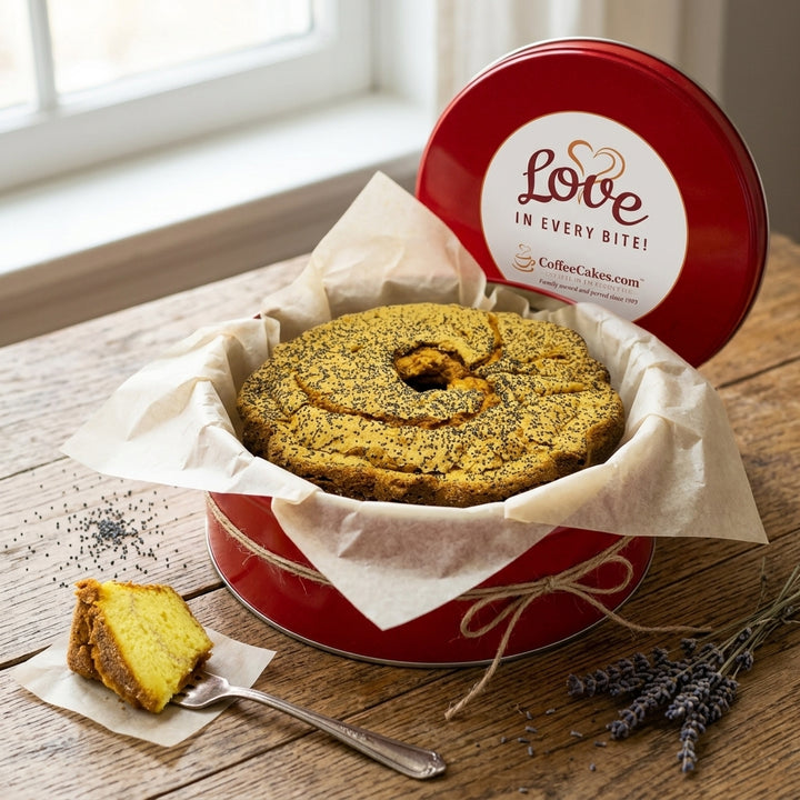 Large Traditional Lemon Poppy Seed Coffee Cake in a Signature Red Tin