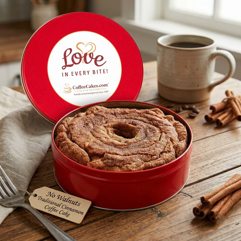 No Walnut Cinnamon Coffee Cake in a Signature Red Tin