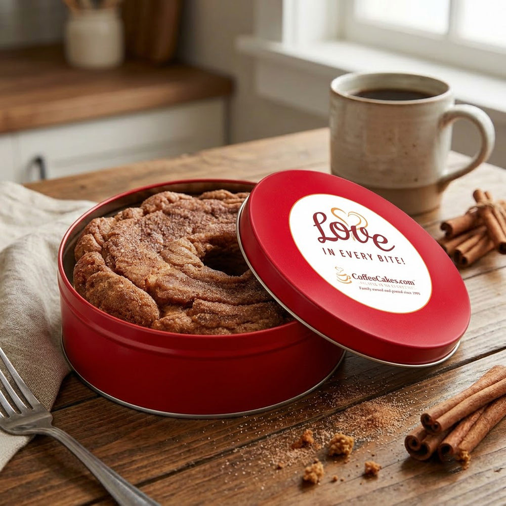 No Walnut Cinnamon Coffee Cake in a Signature Red Tin