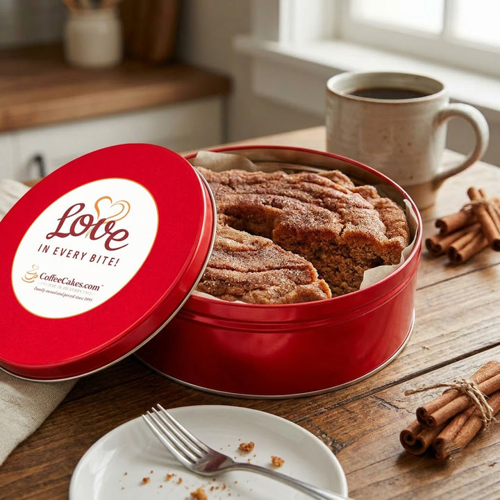 No Walnut Cinnamon Coffee Cake in a Signature Red Tin