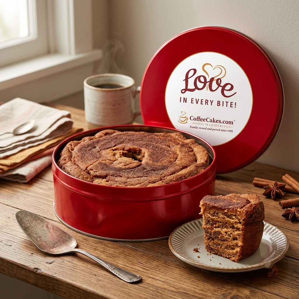 A red round tin of coffee cake with its lid leaning behind it on a wooden table. A slice of layered coffee cake sits on a small plate in front, with a mug of coffee, napkins, cinnamon sticks, and star anise nearby.