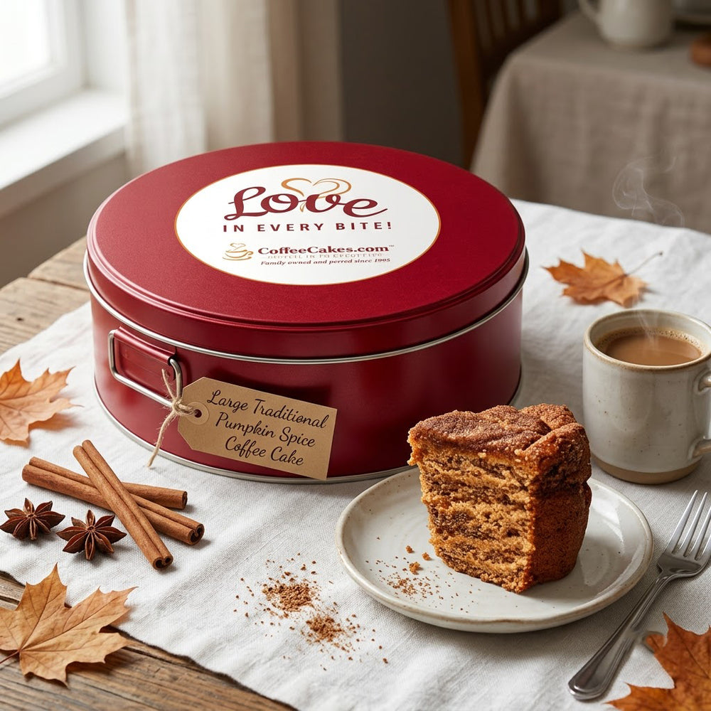 A large round red tin of CoffeeCakes.com pumpkin spice coffee cake sits on a tablecloth with a slice of the cake on a plate, a mug of coffee, cinnamon sticks, star anise, and autumn leaves around it.