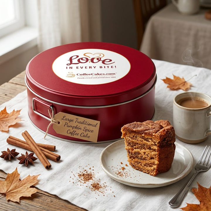 A large round red tin of CoffeeCakes.com pumpkin spice coffee cake sits on a tablecloth with a slice of the cake on a plate, a mug of coffee, cinnamon sticks, star anise, and autumn leaves around it.