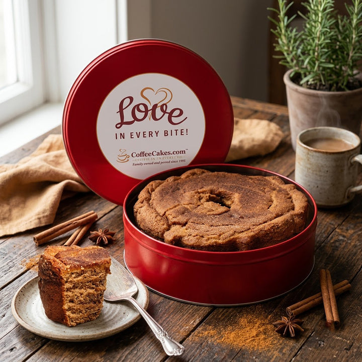 A round red metal tin of baked coffee cakes sits open on a rustic wooden table, with a slice served on a small plate beside it. The lid is propped up and printed with the words &