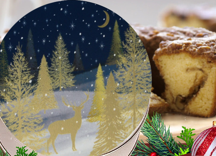 Cinnamon Coffee Cake in a Festive Holiday Gilded Forest Gift Tin