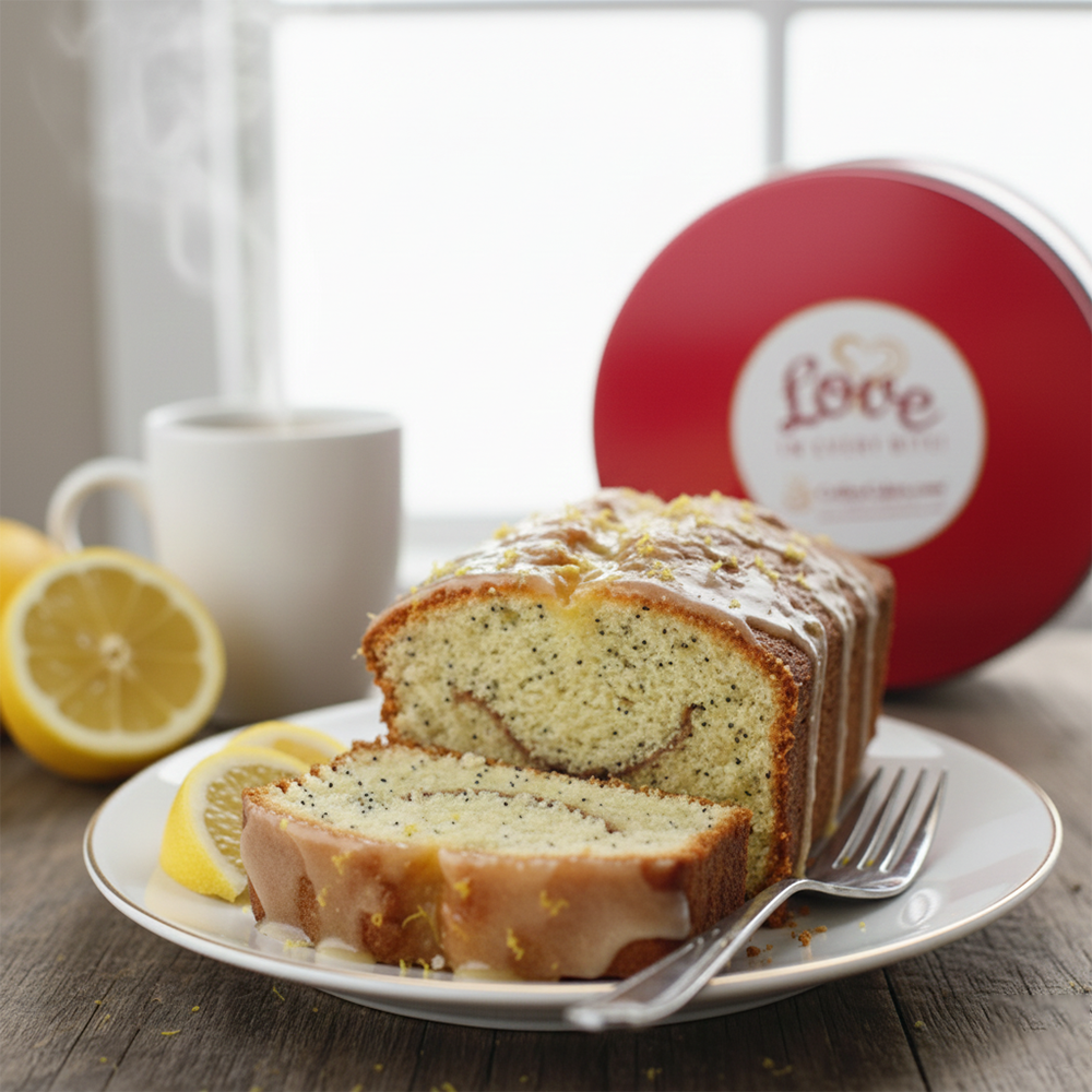 Large Traditional Lemon Poppy Seed Coffee Cake in a Signature Red Tin