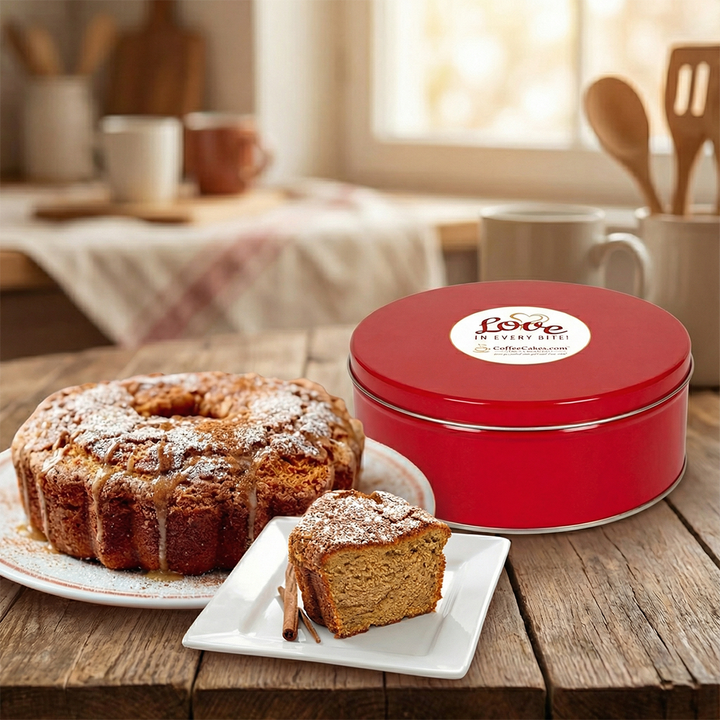 Cake with a slice on a plate next to a red tin labeled &