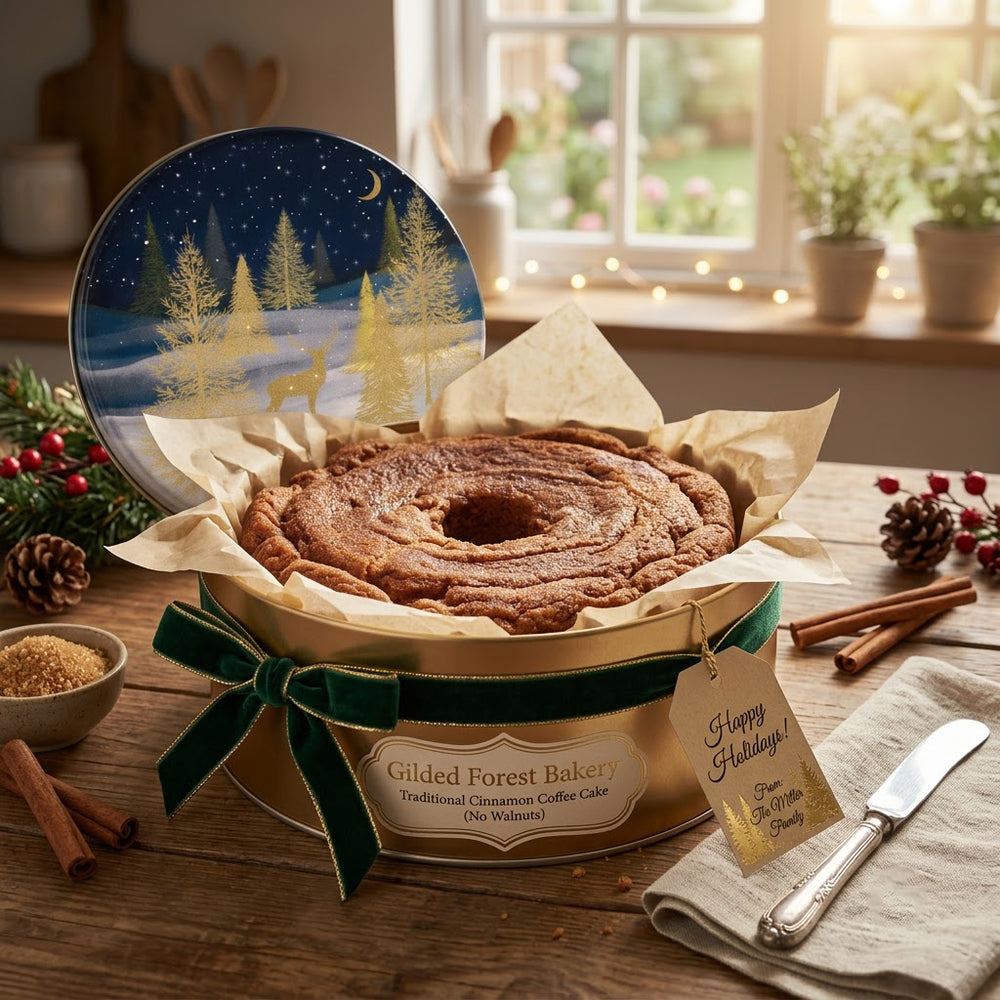 Cinnamon NO Walnut Cinnamon Coffee Cake in Gift Tin sits on a wooden table, with a decorative lid leaning behind it. The box is tied with a dark green ribbon and labeled 'Gilded Forest Bakery Traditional Cinnamon Coffee Cake (No Walnuts)'.