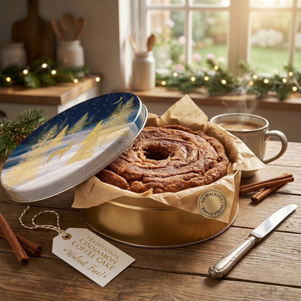 Traditional Cinnamon NO Walnut Cinnamon Coffee Cake in Gift Tin with its lid leaning beside it on a rustic wooden table. The lid has a blue and gold holiday design, and the cake sits in brown paper liner inside a gold tin.