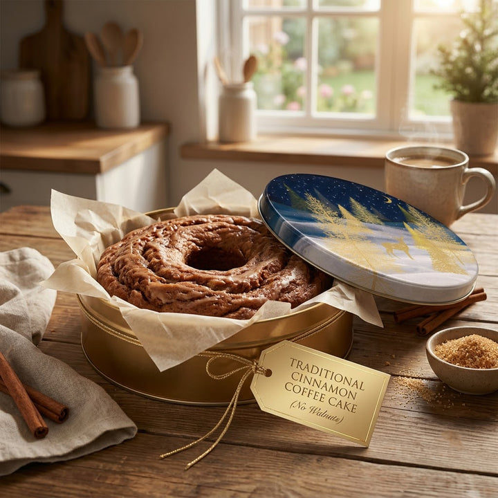 Traditional Cinnamon NO Walnut Cinnamon Coffee Cake in Gift Tin  sits on a wooden table, partially covered with parchment paper and a decorative lid featuring a blue and gold winter tree design. A tag reads &