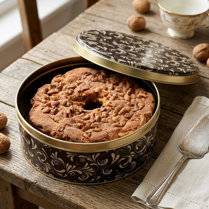 Traditional Cinnamon Walnut Cake in a Dazzling Gift Tin