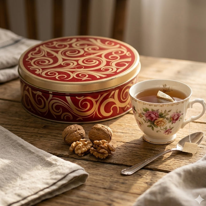 Traditional Cinnamon Walnut Cake in a Golden Swirl Gift Tin