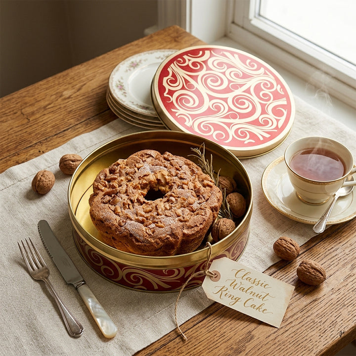 Traditional Cinnamon Walnut Cake in a Golden Swirl Gift Tin