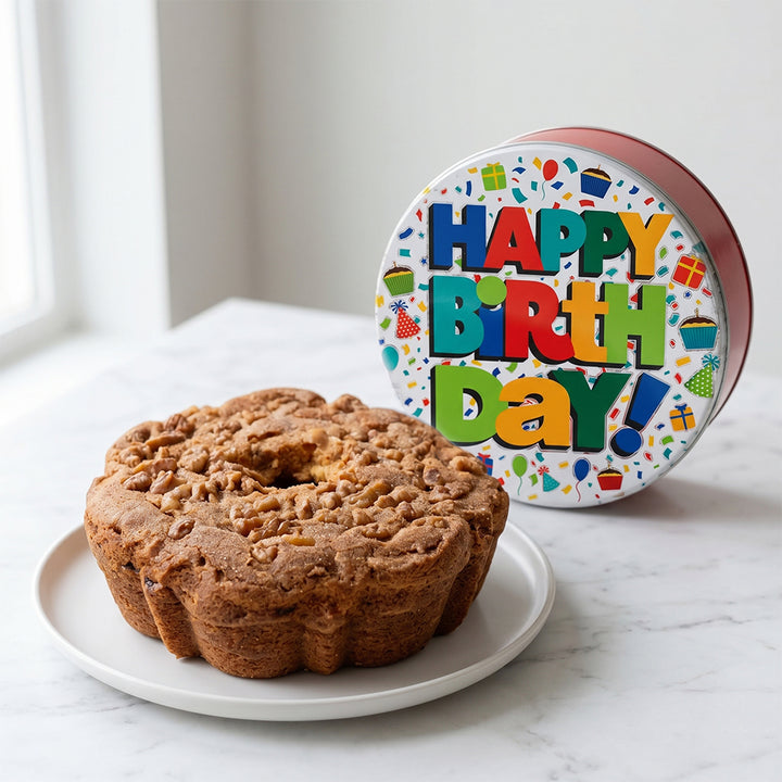 Traditional Cinnamon Walnut Coffee Cake in Happy Birthday Celebration Tin