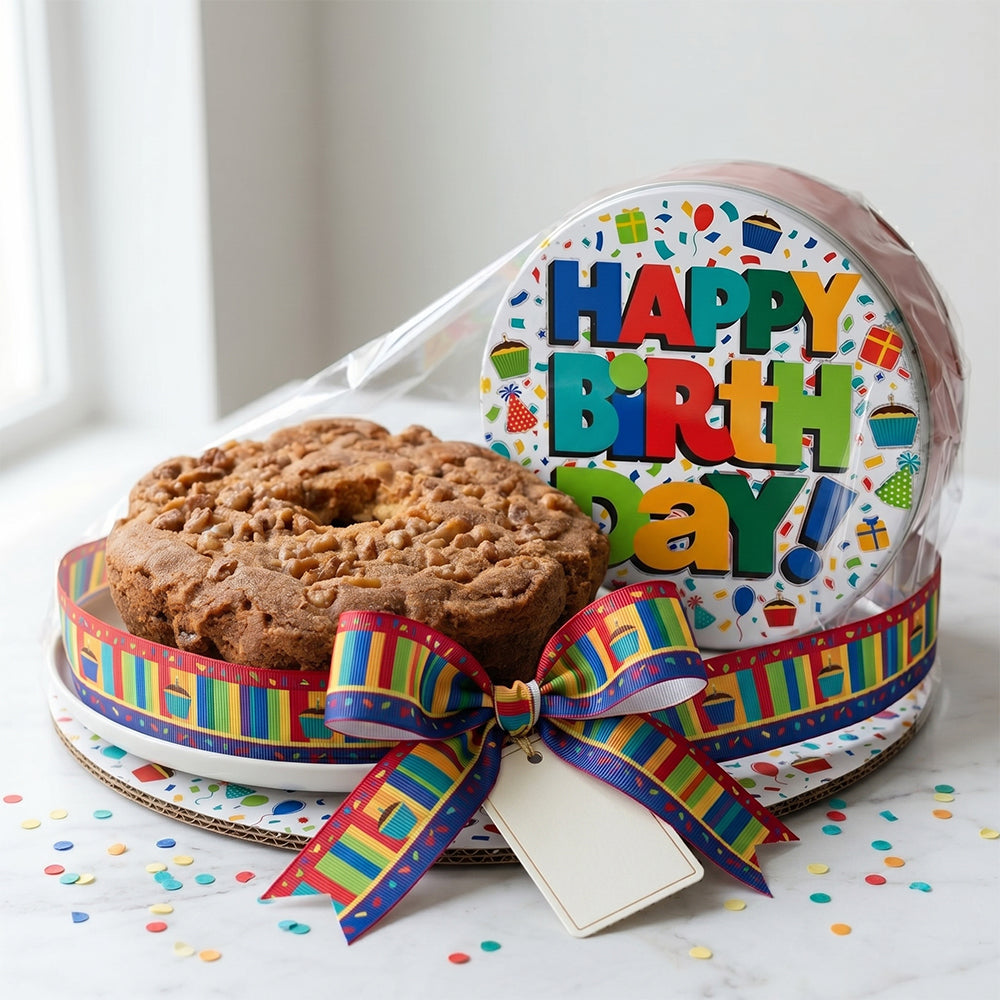 Traditional Cinnamon Walnut Coffee Cake in Happy Birthday Celebration Tin