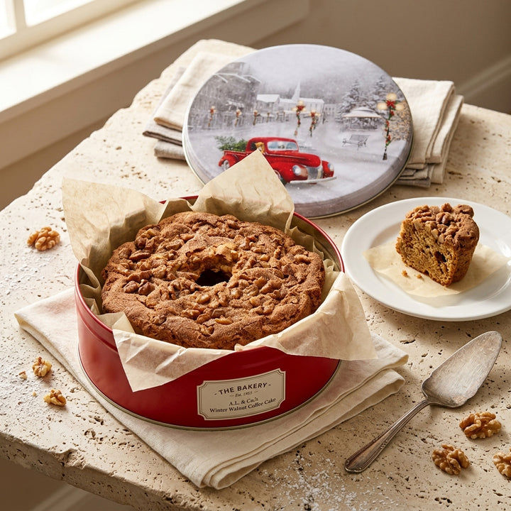 Traditional Cinnamon Walnut Coffee Cake in a Festive Red Truck  Holiday Gift Tin