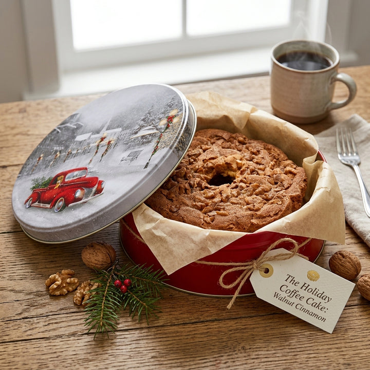 Traditional Cinnamon Walnut Coffee Cake in a Festive Red Truck  Holiday Gift Tin