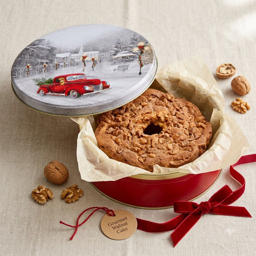Traditional Cinnamon Walnut Coffee Cake in a Festive Red Truck  Holiday Gift Tin