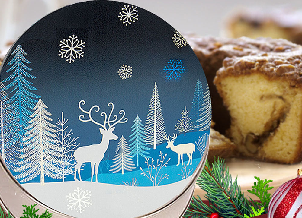 Traditional Cinnamon Walnut Coffee Cake in a Festive Holiday Crystal Evening Gift Tin