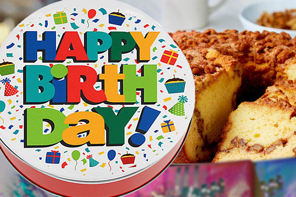 Traditional Cinnamon Walnut Coffee Cake in Happy Birthday Celebration Tin