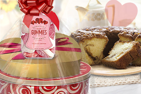 Mother's Day "I Love You" Gift Tower (Traditional Cinnamon Walnut Coffee Cake in a Swirl Tin + Heart Shaped Box of Caramels with Bow + Heart Shaped Gummies)